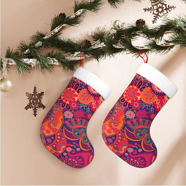 Etniska Tribal Classics Blommiga Julstrumpor Sammet Julstrumpor med Vit Super Mjuk Plysch Manschett Klassisk Jultomte Strumpa Hängande Ornament
