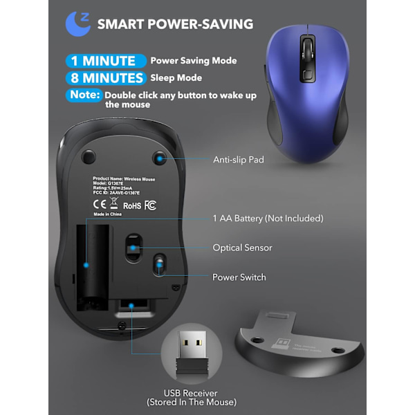 Trådlös mus. 2,4 GHz ergonomisk datormus med USB