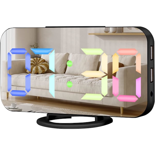 Digitalt vækkeur, stort LED-display og spejlbordur med dobbelte USB-opladerporte, 3 niveauer lysstyrke, 12/24H, moderne elektronisk ur til