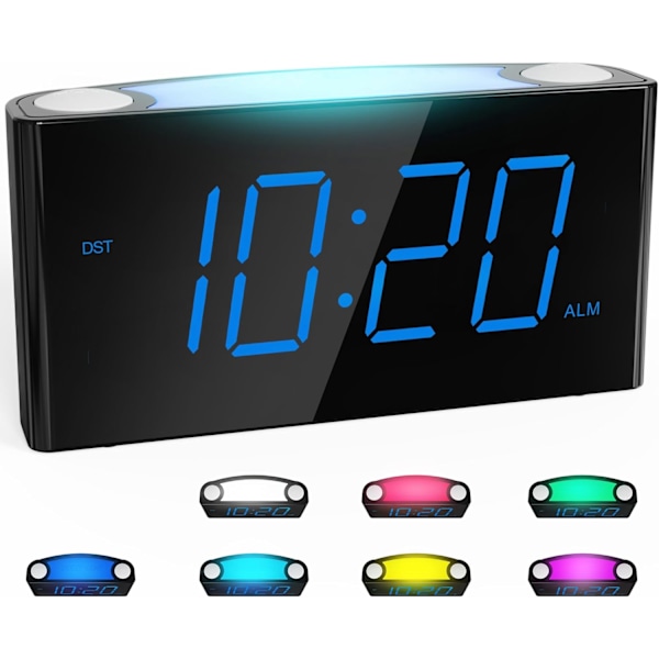 Digital väckarklocka för sovrum - Stor 7,5'' LED-display med dimmer, snooze, 7-färgad nattlampa, enkel att ställa in, USB-laddare, baery backup,