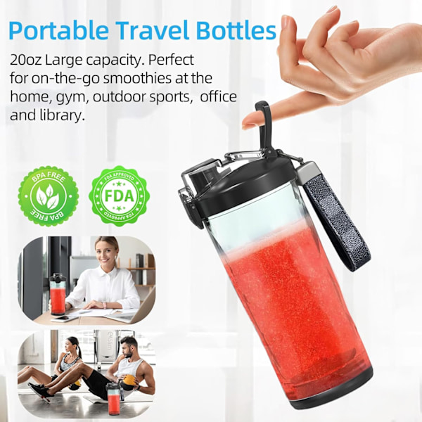 Bærbar Blender, Personlig Blender til Milkshakes og Smoothies med 6 Blade Mini Blender 590 ml til Køkken, Hjem, Rejse