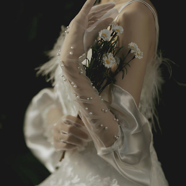 Nya bröllopshandskar Bridal Pearl Transparent Sheer Handskar