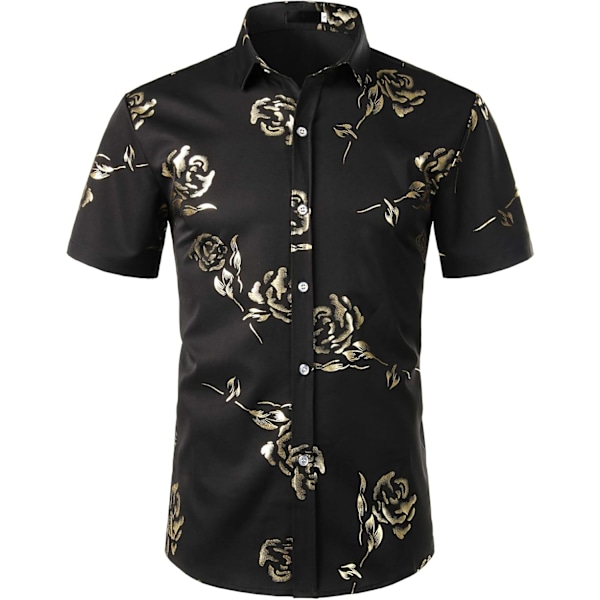 Mens Hipster Gold Rose Printed Slim Fit Short Sleeve Button Down Dress Shirts