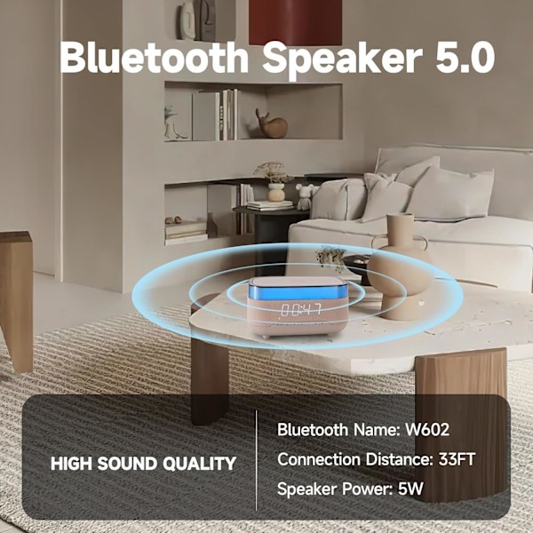 Bluetooth-högtalarväckarklocka med nattlampa, 6 i 1 trådlös laddningsstation för iPhone 15/Samsung-serien, klocka för sovrum justerbar 3
