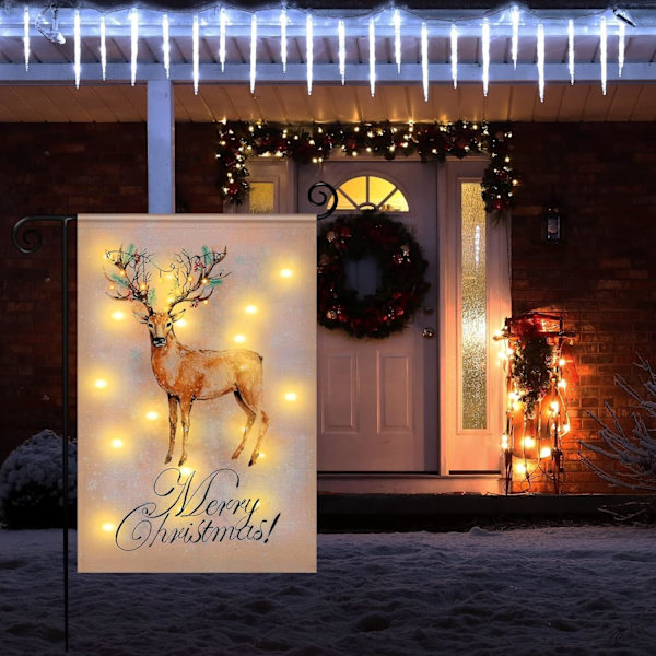 Julebelyst haveflag - Dobbeltsidet juleflag med elg i lodret burlap