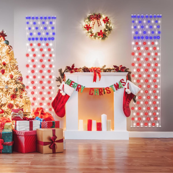 160 LED solcells amerikanska flaggljus utomhus, 6,6ft x 1,5ft fjärde juli dekorationer veranda lampor, 8 lägen röda vita och blå banderoller lampor för
