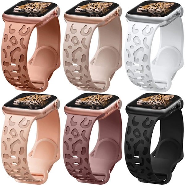 6-pak leopardgraveret rem, der er kompatibel med Apple Watch