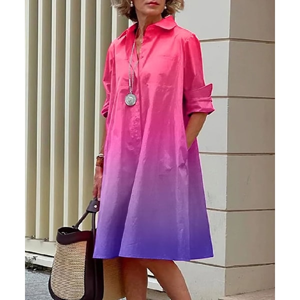 Womens Linen Langærmet Enkel Trykt Knap Ned Skjorte Kjole Plus Størrelse Løs