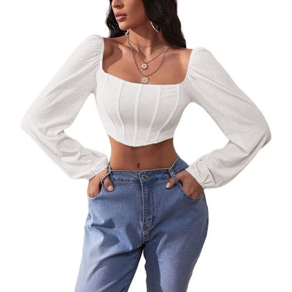 Kvinde Rib Strik Crop Top Langærmet Firkantet Hals Puff Korset Bluse