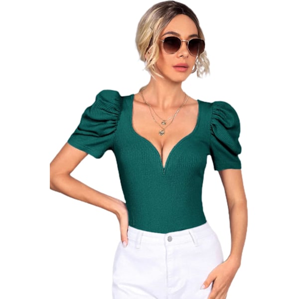 Kvinde Sød Hals Puff Korte Ærme Bluse Rib Strik Elegant Toppe Skjorte