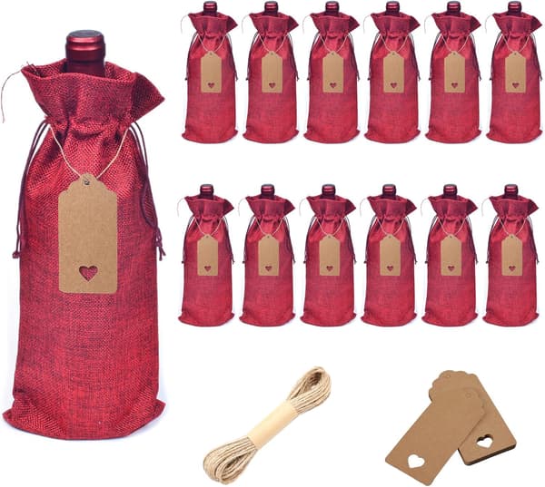 Vinpåsar, 12 stycken, jute, jutepåsar, vinflaskor, presentpåse, vinflaska, bordsdekoration, presentpåse (röd)