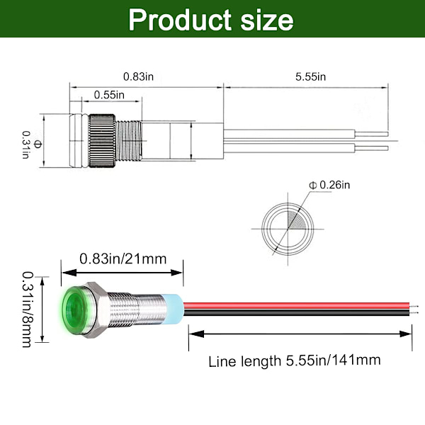 3 stk Grønn 12V-24V 6Mm 1/4\" LED Metall Indikatorlys Hode
