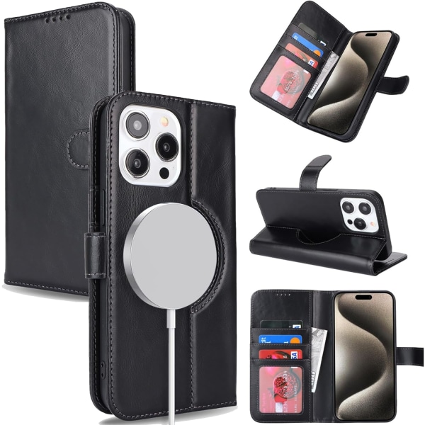 Skinnveske for iPhone 15 Pro Max, lommebokveske i ekte skinn Kompatibel med MagSafe med [kortspor] [Kickstand] Magnetisk trådløs Chargg-telefon