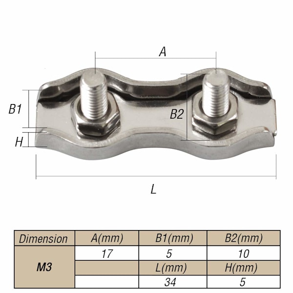 1/8 tommer M3 rustfritt stål Duplex 2-polet kabelklemme