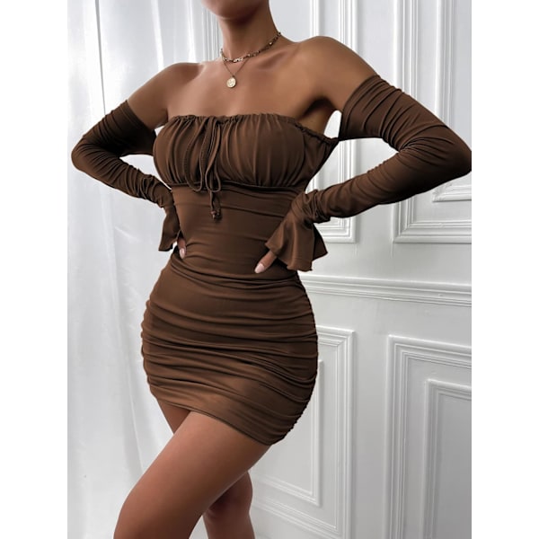 Kvinners Sexy Off Shoulder Bodycon Minikjole Lang Ermet Halterneck Ruched Slinky