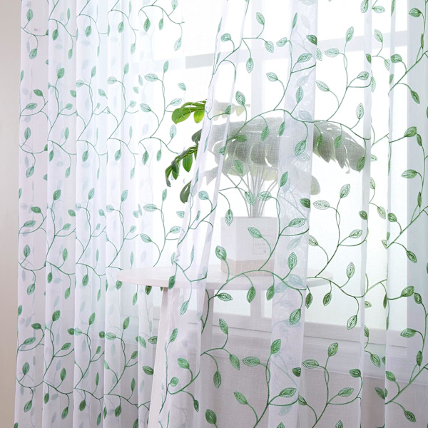 Gröna blad broderade gardiner - Set med 2 paneler (54 x 45 tum)