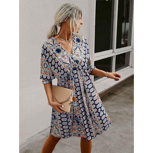 Romwe Boho Tribal Print Kortærmet V-hals Bindebånd Sommerkjole til Kvinder