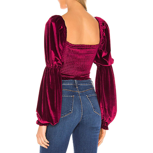 Kvinde Efterår Lang Puff Ærmer Fløjl Strækbar Ruched Crop Tops Bluser