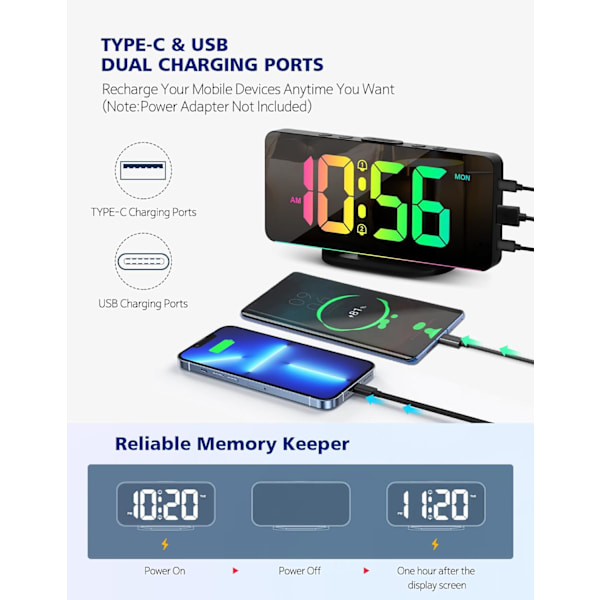 Til soveværelser, stort digitalt LED-display med 10 farvers nattelys, 2 USB-porte, dæmper, dobbelt alarm, nem at indstille til børn, teenagere, drenge, piger, sort