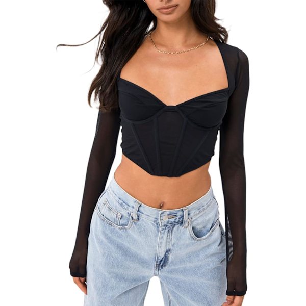 Kvinde Sweetheart Neck Sheer Mesh Langærmet Bustier