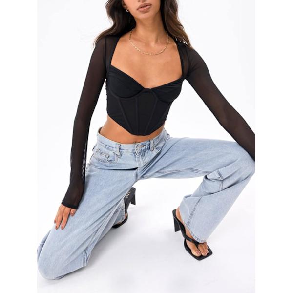 Kvinde Sweetheart Neck Sheer Mesh Langærmet Bustier