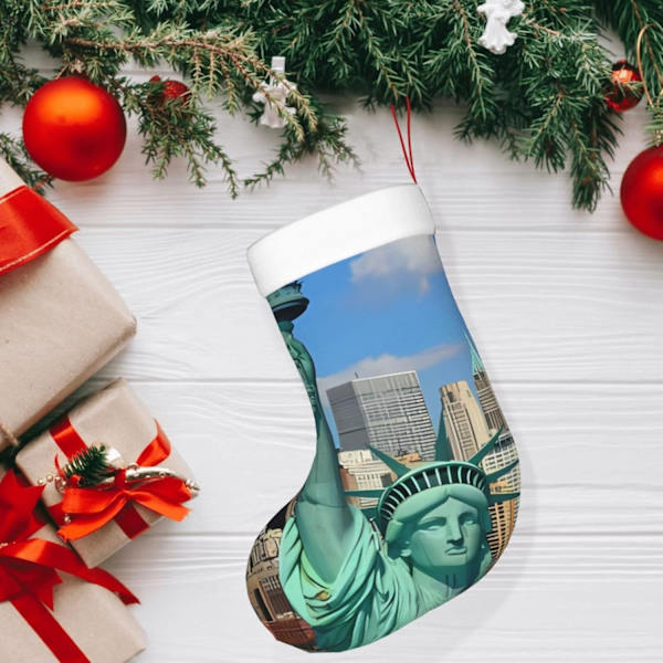 Frihetsgudinnan i NYC Tryckt Julstrumpa Julpynt Eldstadshängande Julstrumpor för Familj Semester Julparty Dekorationer 45 X 28 Cm