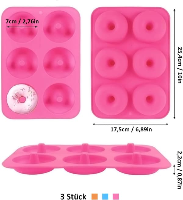 Silikone bageforme, bageplade, donuts, bageplade, 3 stk., 6 huller, non-stick belægning, tåler opvaskemaskine, til bageentusiaster,