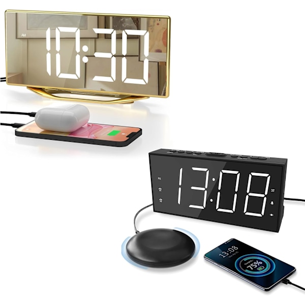 Superhøj alarmur med sengevibrator til tunge sovende og digitalt spejlur til soveværelset, stort LED-display med 2 USB-opladere