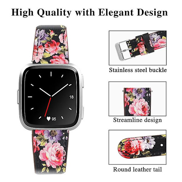 För Fitbit Versa 2 / Fitbit Versa Lite läderklockarmband med runt spänne LPS Black Skin Pink Flower