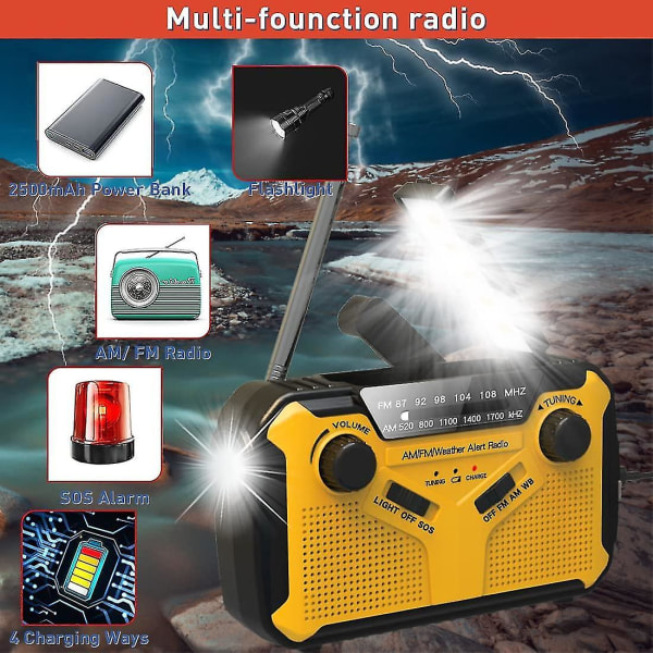 Bärbar radio, handvev/batteri och elnät/solarradiotransistor, väderradionödenhet med led ficklampa och telefonladdare, utmärkt R