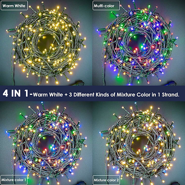 Julbelysning 300 LED 108FT Färgförändrande Julgransbelysning med Varmvitt & Flerfärgat, 11 Lägen Vattentät och Anslutningsbar Jul