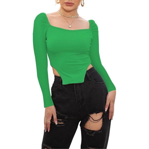 Kvindernes langærmede ribbede strikkede Crop Top Scoop Neck