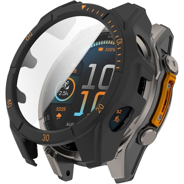 Täyssuojaava kotelo näytönsuojalla, yhteensopiva Garmin Fenix 8 47mm PC:n ja aidon lasisen suojakotelon kanssa, älykellotarvikkeet (musta+ora