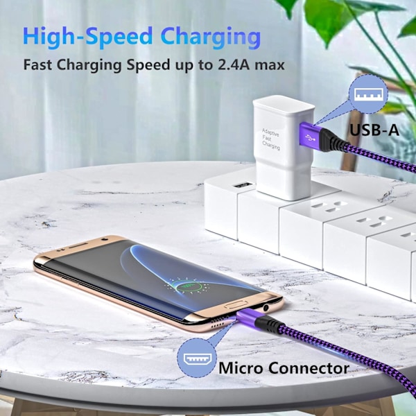 Micro USB-kabel 10FT, 2-pack lång nylonflätad Android USB-laddare