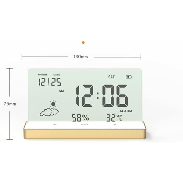 Digital väckarklocka, kreativ tydlig digital klocka med transparent stor skärm Temp/Fuktighet/Datum Visning Elektronisk väckarklocka Skrivbord Guld