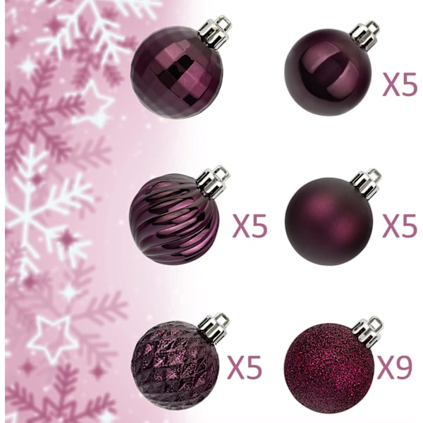 Magenta lilla julekuler 34 stk 1,57 tommers liten juletrepynt