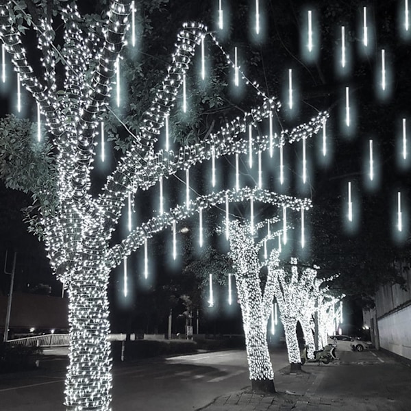 Udendørs solcelledrevet julelys, solcelledrevet meteorregnlys, 12 tommer 10 rør 360 LED (stort solpanel) juletræ Halloween-festdekoration