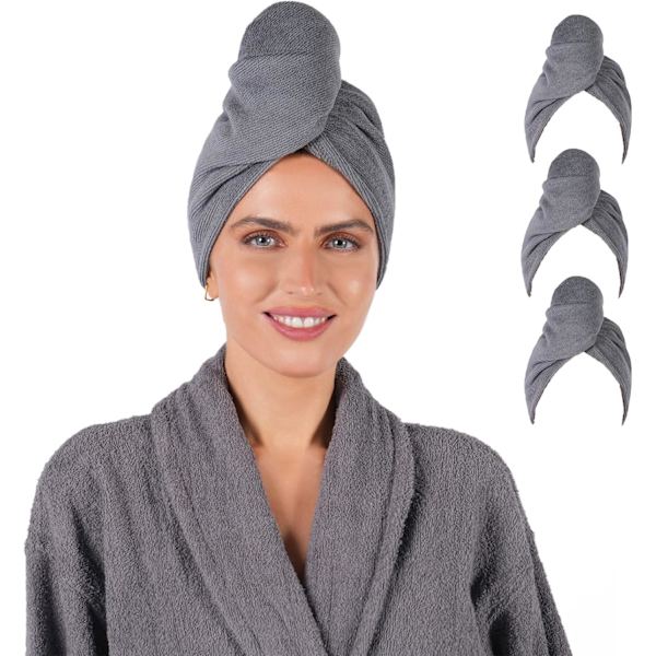 Vanlig mikrofiberhårinpackning - mjuk, snabbtorkande, kolgrå (3-pack)