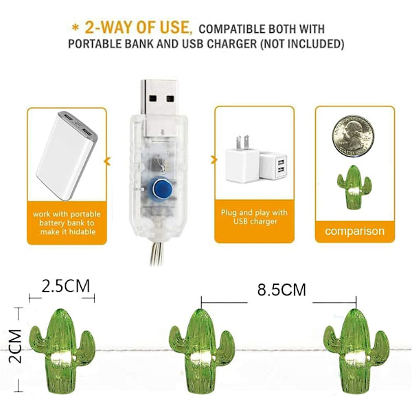 Tropisk tema Lille kaktus USB-plugin streng lys 0,8\"(H) 40 LED med fjernbetjening og timer på 13,85ft kobbertråd varm hvid vandtæt