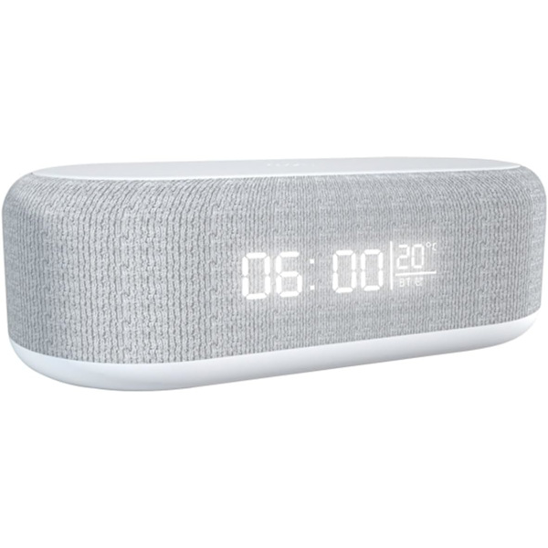Bluetooth-højttaler med trådløs opladning, dobbelt vækkeur, 3 niveauer lysstyrke, sengelampe, digitalt ur 12/24 timer, 6 i 1 trådløs opladningsstation