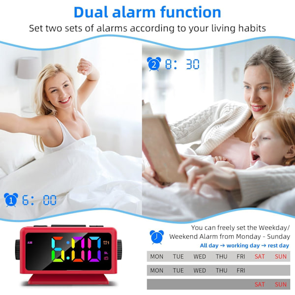 Digitalt vækkeur med 11 dynamisk RGB-display, FM-radiovækkeur med 2 USB-porte, søvnlydmaskiner med timer, 000 % lysdæmper, dobbelt rød