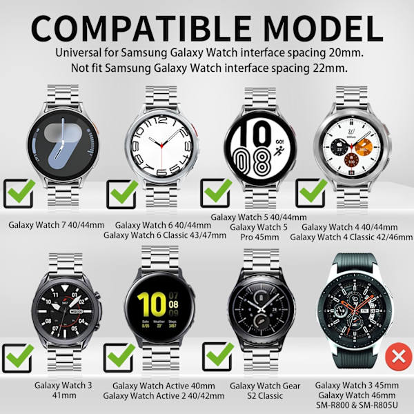Kompatibel med   Galaxy Watch 7 6 5 4 FE Band Pro Classic Active 2 40mm 44mm 43mm 47mm 45mm 42mm 46mm 20mm Galaxy Watch 3 Band 41mm Menn Kvinner