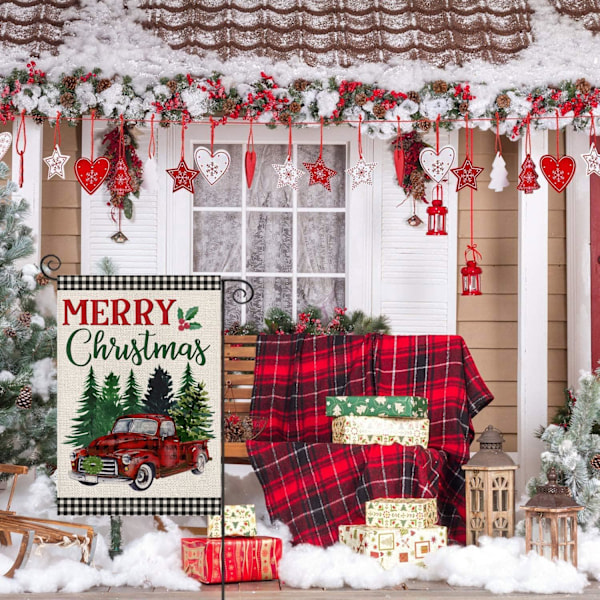 God Jul Trädgårdsflaggor för Utomhus - Buffalo Plaid med Röd