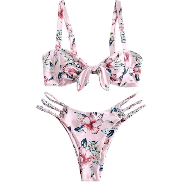 Kvinnors breda remmar knyta knut flätad blommig bikini set tvådelad baddräkt (A-