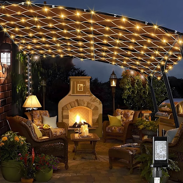 Gazebo Net Lights Outdoor, 10 x 10 FT Holiday Mesh Lights med 320 LED'er og 8 lystilstande, Vandtætte tilslutningsmulige Gazebo Twinkle Light til