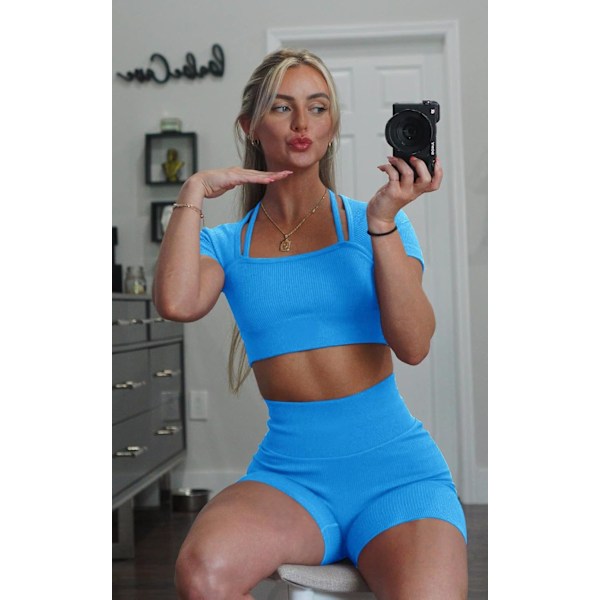 Womens Workout Sets 2 Piece - Seamless Ribbed Gym Outfits Short Sleeve Crop Top