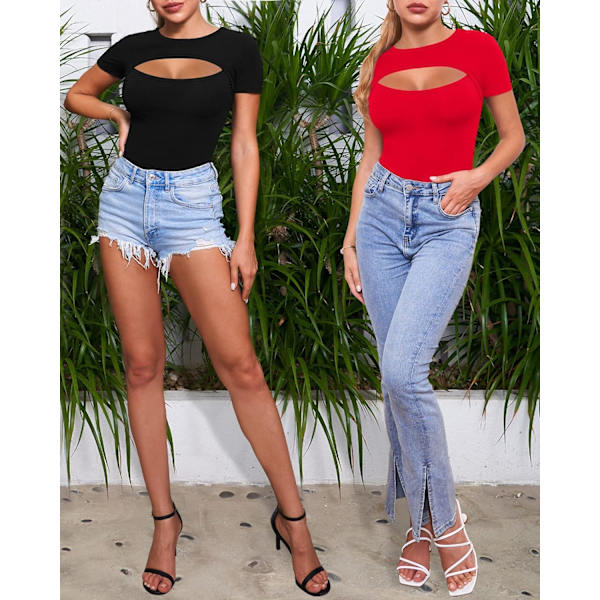 Kvinners Sexy Cutout Front T-skjorte Lang Ermet Kort Ermet Bodysuit Jumpsuits