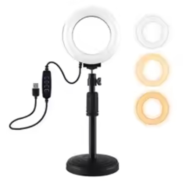 PULUZ Pyöreäpohjainen pöytäteline + 4,7 tuuman 12 cm 3 tilan USB himmennettävä LED-rengasvalovloggausvalaisin, säädettävä
