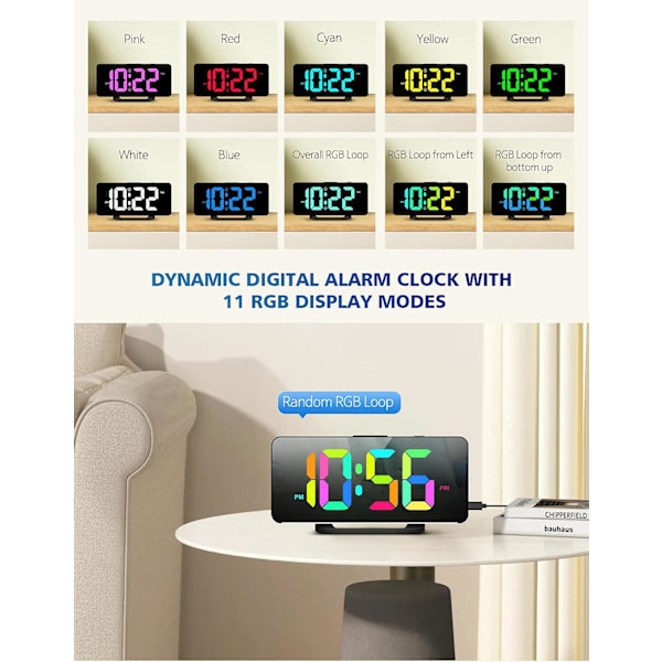 Til soveværelser, stort digitalt LED-display med 10 farvers nattelys, 2 USB-porte, dæmper, dobbelt alarm, nem at indstille til børn, teenagere, drenge, piger, sort