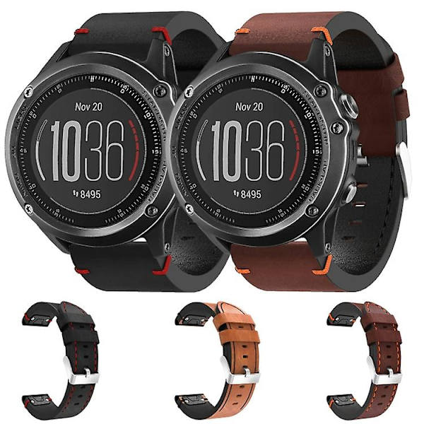 För Garmin Fenix 3 Sapphire 26mm Läder Sömnad Stål Spänne Klockarmband SLS Brown